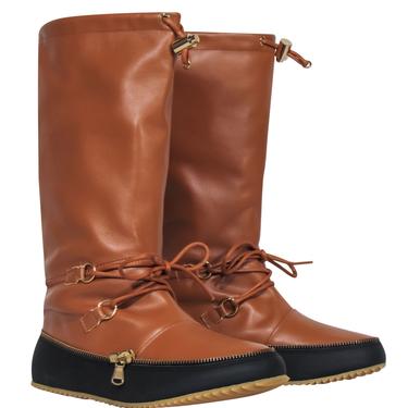 JW Anderson - Brown &amp; Black Leather Calf High Snow-Style Boots w/ Tie &amp; Zipper Trim Sz 8