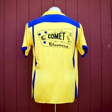 1950s 2 Tone Paneled Yellow And Blue Gabardine Comet Cleaners Bowling Shirt Chainstitch Emroidery 