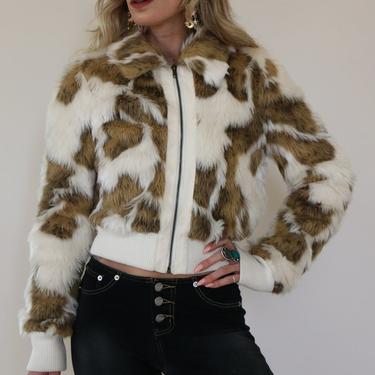 1990's White Patchwork Faux Fur Bomber Jacket Size Small