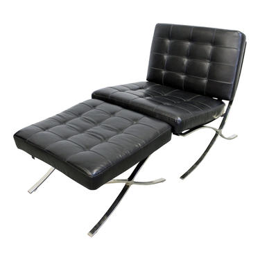 Mid-Century Modern Barcelona Style Leather Chrome Lounge Chair &amp; Ottoman 
