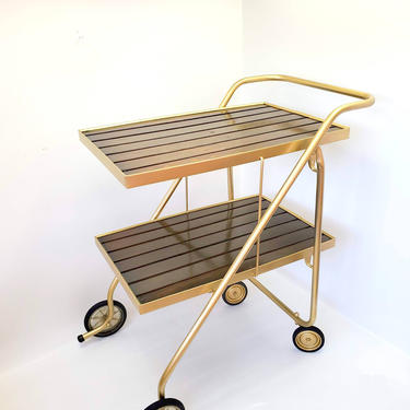 Bar Cart Walnut &amp; Gold Rid-Jid Mid Century Modern Folding Serving Cart Tea Coffee Station Rolling Storage Shelves Entertaining FREE SHIPPING 