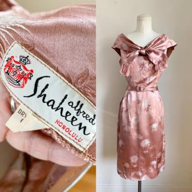 Vintage 1950s Alfred Shaheen Pink Satin Wiggle Dress / M 