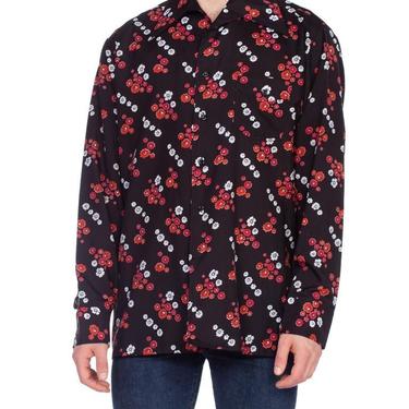 1970'S Black & Red Polyester Men's Floral Print Disco Shirt Rare XL 