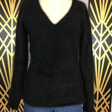 black Angora sweater, v neck, size large, vintage sweater, pullover, fuzzy sweater, 1990s jumper, 38 bust, long sleeves 