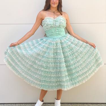 50's Mint Green Ruffled Prom Dress