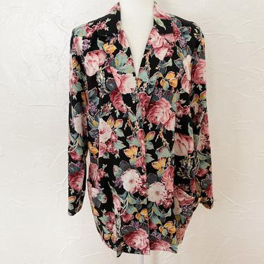 80s Black Romantic Floral Blazer | Medium/Large 