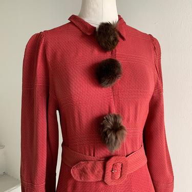 1930s Milky Brick Rayon Dress with Fur Trim and Belt Details 34 Bust Vintage 