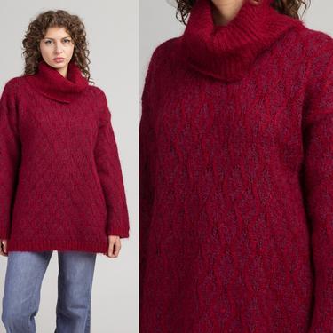 80s Burgundy Mohair Turtleneck Sweater - Extra Large | Vintage Red Wool Blend Knit Slouchy Pullover 