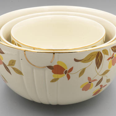 Nested Mixing Bowls, Hall China Autumn Leaf | Vintage Mid Century Modern Kitchenware 