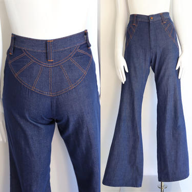 70s high waisted bell bottoms jeans 25  / vintage 1970s seamed denim sunburst bells stitched flares pants sz 4 