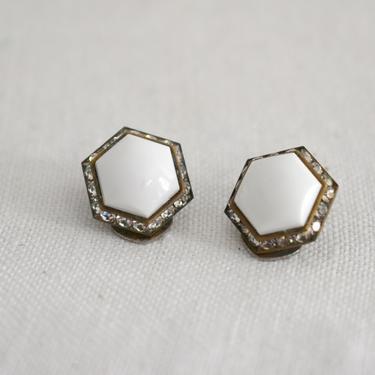 1950s White Hexagonal Cabochon and Rhinestone Clip Earrings 