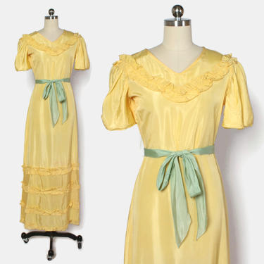Vintage 30s NRA Label Gown / 1930s Yellow Puff Sleeve Ruffled Belted Dress 