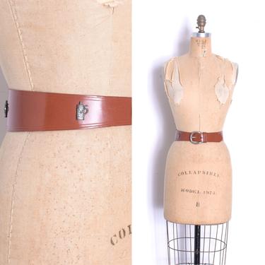 Vintage 1950s Belt / 50s Wide Leather Belt with Beer Steins / Brown ( XS S ) 