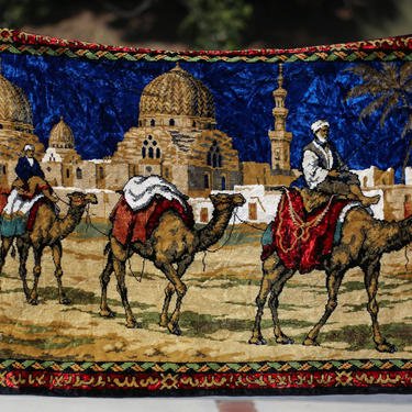 Vintage 70s Velvet Camel Caravan Tapestry - 6'x4' | Boho Italian Area Rug Wall Hanging Woven Decor 