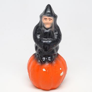 Antique 1940's Witch on Jack-o-lantern Pumpkin Candy Container for Halloween, Vintage Pulp Paper Mache, Retro Decor 
