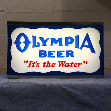 Vintage Olympia Beer Lighted Bubble Letter Pub Bar Sign, 1950s, Stainless Steel Case 