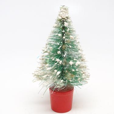 Small Antique Sisal Bottle Brush Christmas Tree in Red Wooden Base, Vintage Decor Snow Flocked , Retro Doll House 