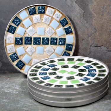 Vintage Mosaic Tile Coasters - Set of 5 - Ceramic Tile Mosaic Coasters in Metal Frames  | FREE SHIPPING 