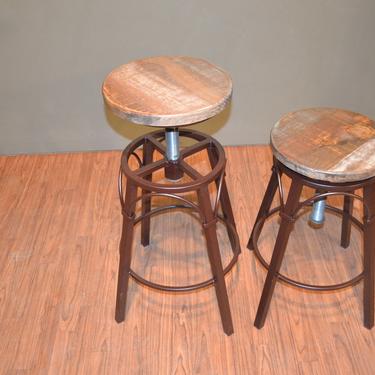 Set of 3 Industrial Swivel Barstool adjustable height with solid metal frame and solid wood with multi colored finish 