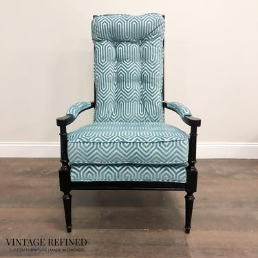 AVAILABLE: Black Framed Accent Chair with Blue &amp; White Fabric 