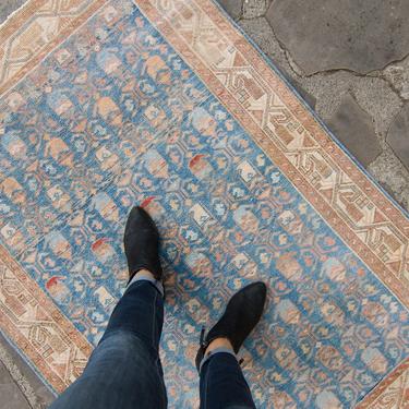 Antique 3’4” x 5’ Allover Small Rug Blue Light Salmon  Hand Knotted Floral Wool Low-Pile Rug 1920s - FREE DOMESTIC SHIPPING 