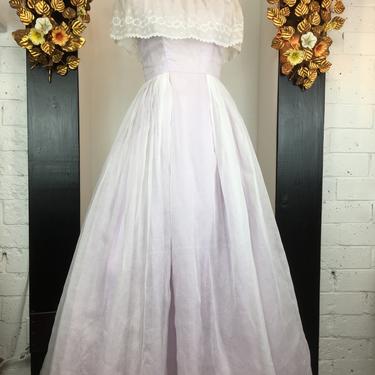 1950s prom dress, organza prom dress, lilac formal gown, size small, shawl collar, alternative wedding, full length, 26 waist 