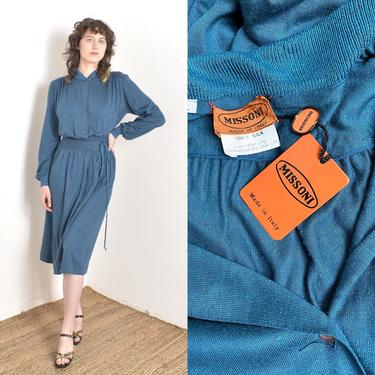 Vintage 1980s Dress / 80s Missoni Silk Jersey Wrap Dress / Teal Blue ( M L ) 