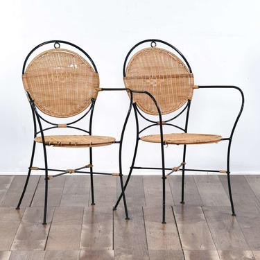 Pair Of Coastal Scrolled Metal & Wicker Patio Chairs