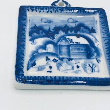 Vintage Porcelain Cobalt Blue and White small GZHEL Russian Porcelain Plate plaque - 4 X 4- Russian Winter Snow scene 