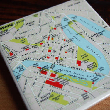 2003 Brisbane Australia Handmade Repurposed Map Coaster - Ceramic Tile - Repurposed 2000s Collins Atlas - One of a Kind - Australian Decor 