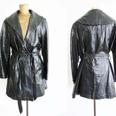 Vintage 60s Black Leather Trench Coat Small - 1960s Womens Belted Black Trench Coat Jacket - Mod 1960s Shawl Collar Coat - Wilsons Leather 