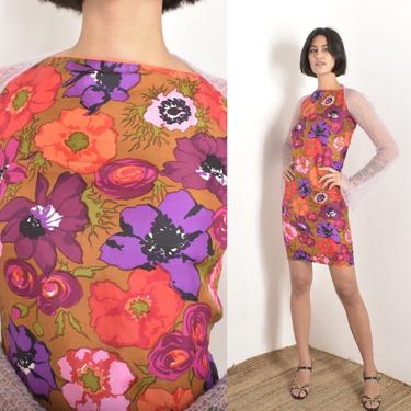 Vintage 1960s Dress / 60s Floral Silk Shift Dress / Pink Orange ( XS extra small ) 