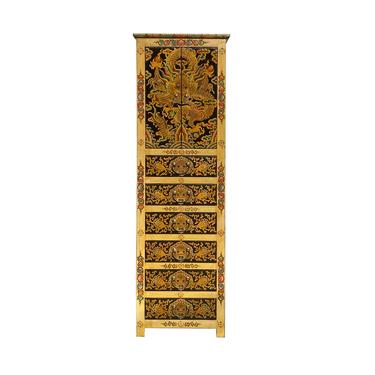 Chinese Golden Yellow Dragons Graphic Tall Slim Multi Drawers Cabinet cs7180E 
