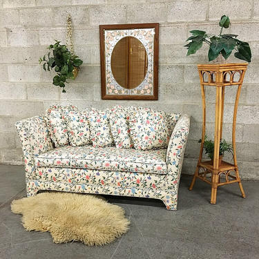 LOCAL PICKUP ONLY Vintage Loveseat Retro 1980s Floral Print 2 Seater Sofa or Mini Couch with 5 Matching Ruffled Pillows for Living Room 