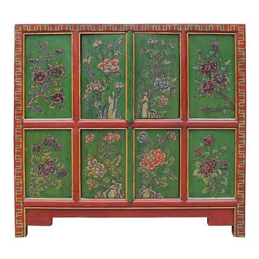 Chinese Red Green Floral Graphic Credenza Storage Cabinet cs4915S