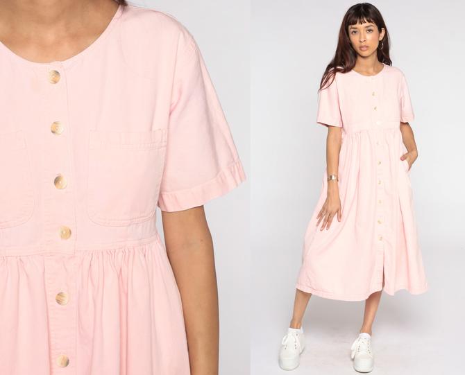 Baby Pink Dress Midi 80s Shirtdress Cotton Short Sleeve Pastel Shirt Dress Button Up High Waisted 1980s Vintage Plain Secretary Medium 