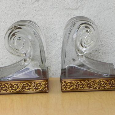Glass Scroll Bookends with Gold Embossed Leather Trim 