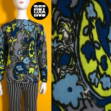 WOW Vintage 60s Screenprinted Graphic Psychedelic Blue Lime Green Gray Paisley Floral Pullover Sweater 