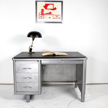 Vintage mcm small metal tanker desk with black top | Free delivery in NYC and Hudson areas 