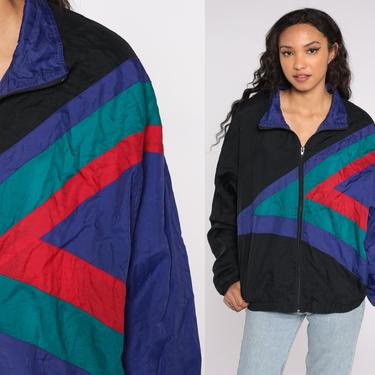 Color Block Windbreaker Jacket 80s 90s Black Purple Green Red Warmup Warm Up Striped Vintage Retro Zip Up Nylon 80s Large Extra Large L XL 