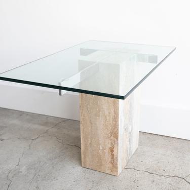 Vintage Artedi Marble and Glass Side Table, Silver not Brass, Post Modern, Mid Century, Minimalist, Italian Travertine 