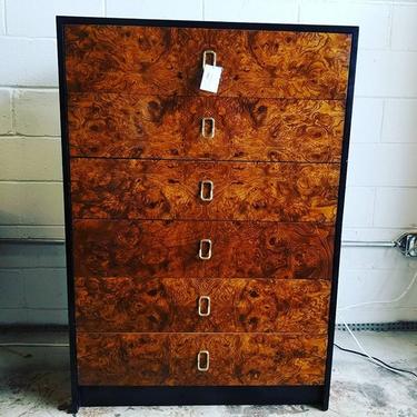 Mid Century Tobacco Burl Black Lacquered Highboy. Manufactured by Elkin Industries. 