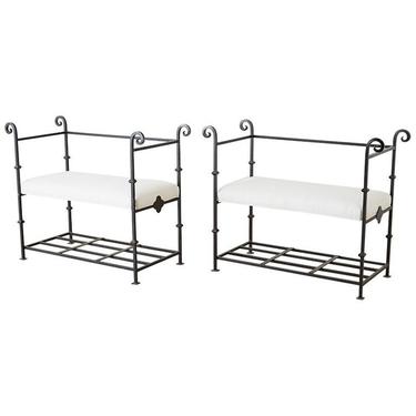 Pair of Neoclassical Style Iron and Linen Benches by ErinLaneEstate