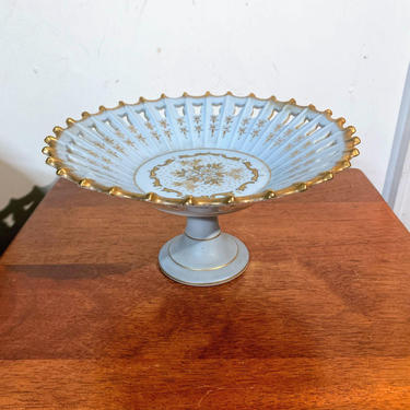 Vintage Lefton Light Blue and Gold Perforated Compote Dish 