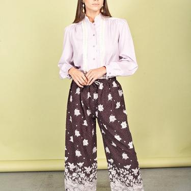 80s Brown Flower Print Pants Vintage White Dotted High Waist Pants 