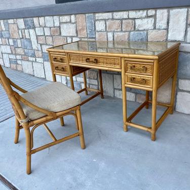 Mid Century Bamboo and Wicker Campaign Style Desk and Chair Set 