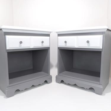 Pair of Nightstands Gray &amp; White Night Stands Painted Furniture Bedside End Tables Mid Century Modern Wood Vintage Bedroom 