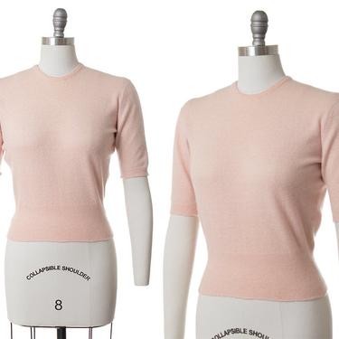 Vintage 1950s Sweater | 50s Light Pink Cashmere Knit Short Sleeve Pullover Sweater Top (small/medium) 