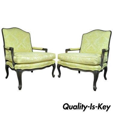 Pair of Italian Distressed French Louis XV Style Yellow Bergere Chair Arm Chairs