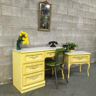 LOCAL PICKUP ONLY Vintage Desk and Nightstand Retro 1970's Matching Yellow and White 2 Piece Bedroom Set 